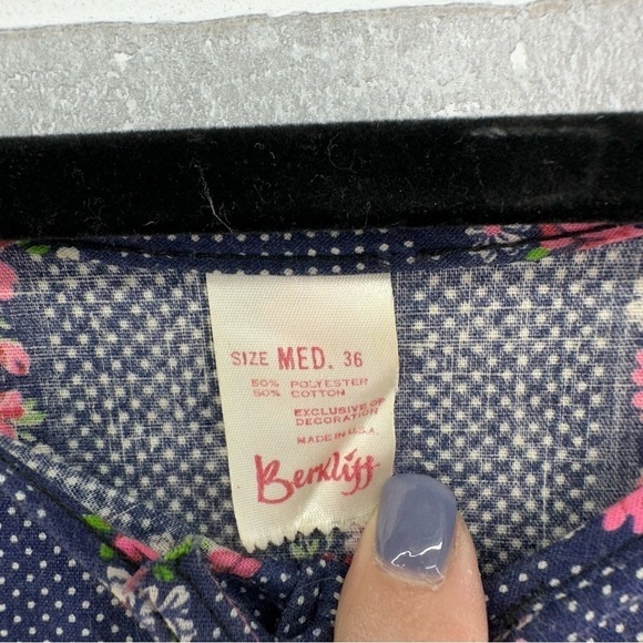 Vintage Berkliff Boho Floral Peasant Navy and Pink Midi Dress Size Medium - Picture 4 of 9